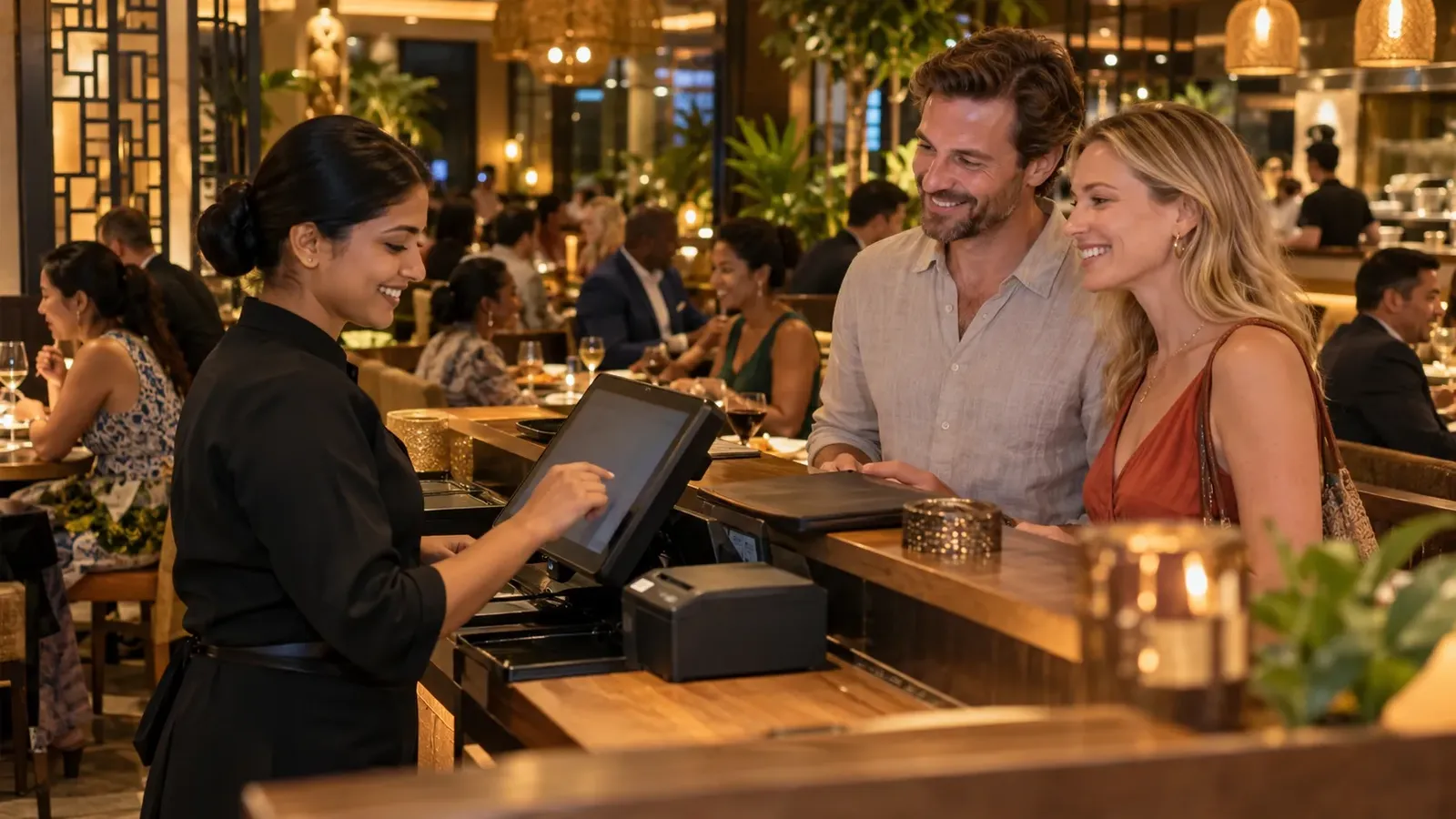 Cashier billing international guests on a touchscreen restaurant POS