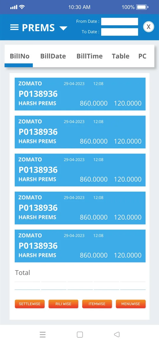 Zomato orders in the bill-wise list of the Sanguine Dashboard BI App