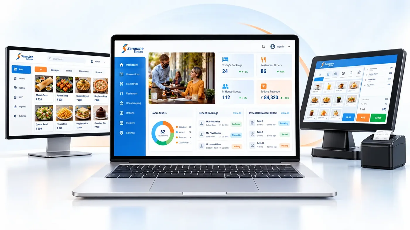 Sanguine POS, ERP and hotel PMS software on desktop, laptop and touchscreen billing terminal