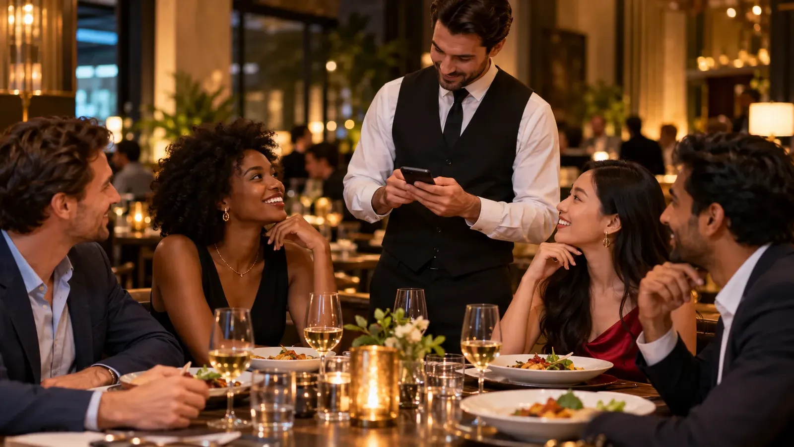 Waiter taking an order on a mobile POS for a table of international diners